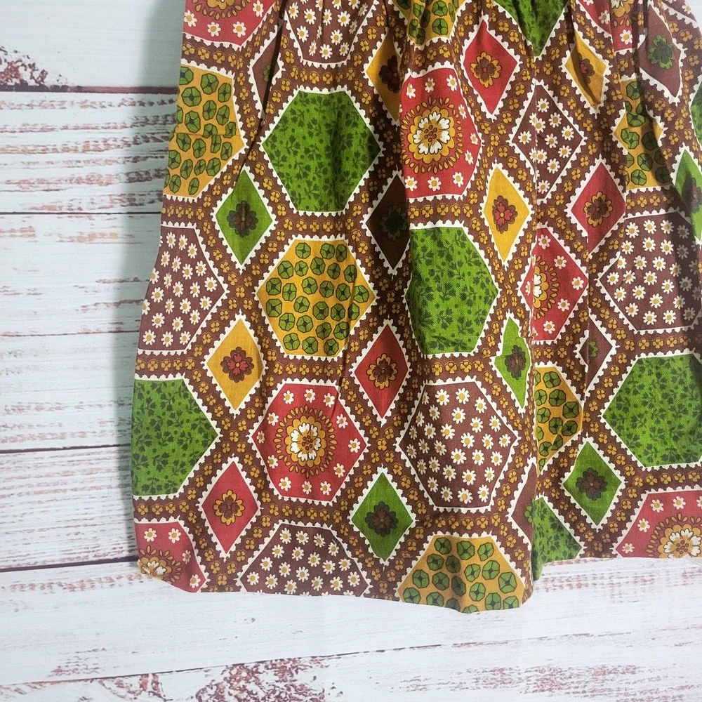 Vintage Girls Patchwork Peasant Dress (Unfinished) 1960s/70s Brown Green Calico